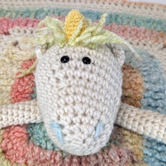Crochet Unicorn Lovey Security Blanket Handmade Pastel Rainbow Baby Plush 16" - Picture 4 of 11